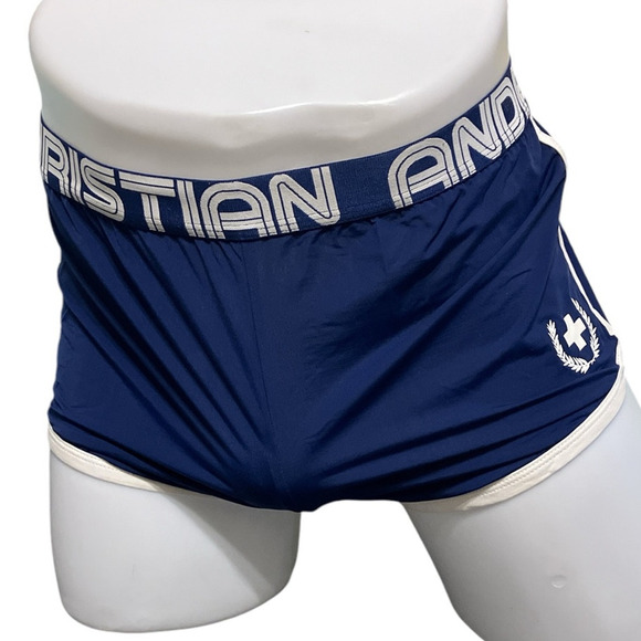 Andrew Christian Stretch VPL Runner Shorts Navy Blue Large - Picture 1 of 10